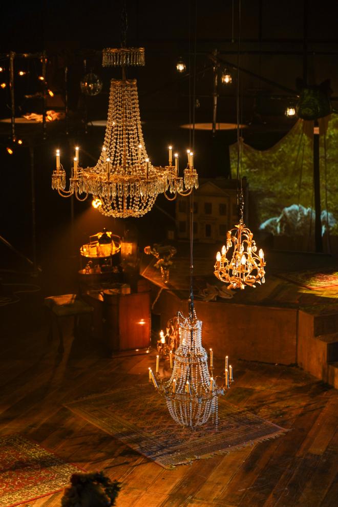 Photo of the three chandeliers from the show